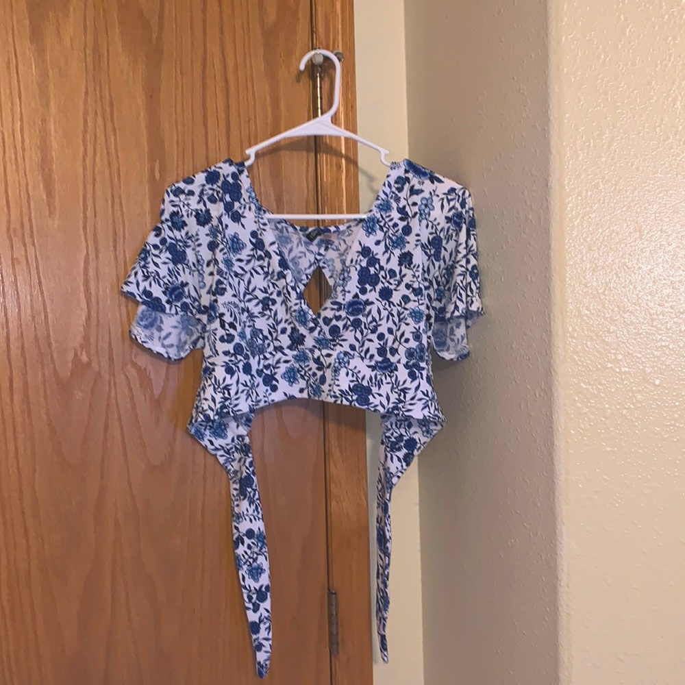 Divided Blue Floral Crop Top With Tie Back